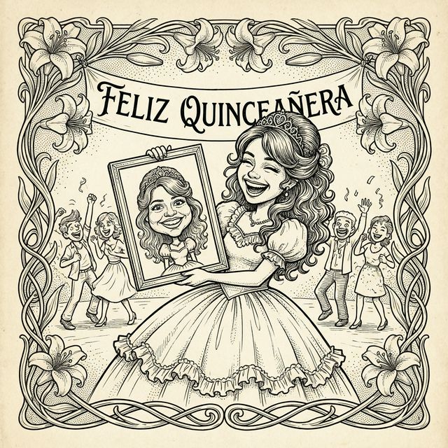 Debutante recebendo caricatura na festa de 15 anos