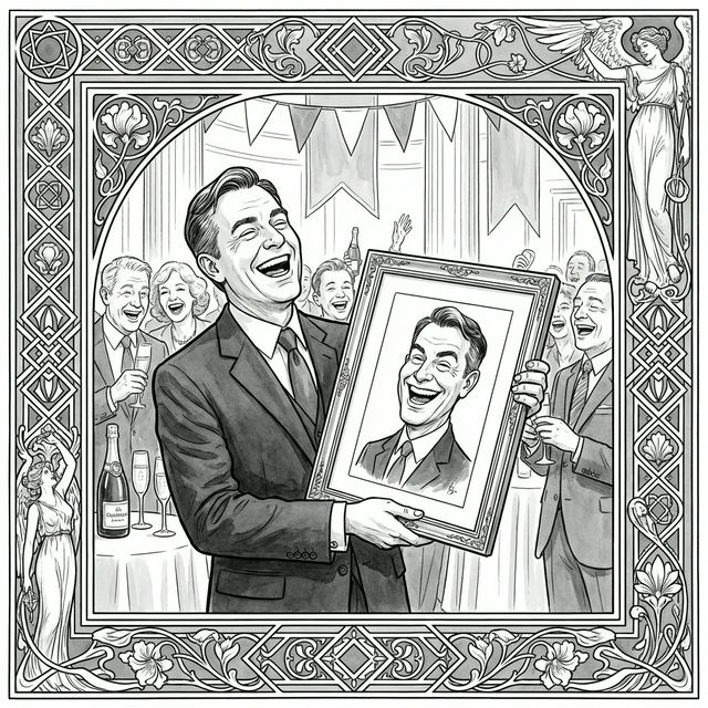 Executivo rindo com caricatura em evento corporativo