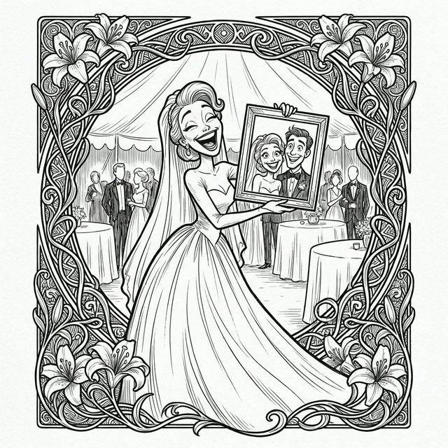 Noiva rindo ao receber caricatura em casamento - André Valvassori